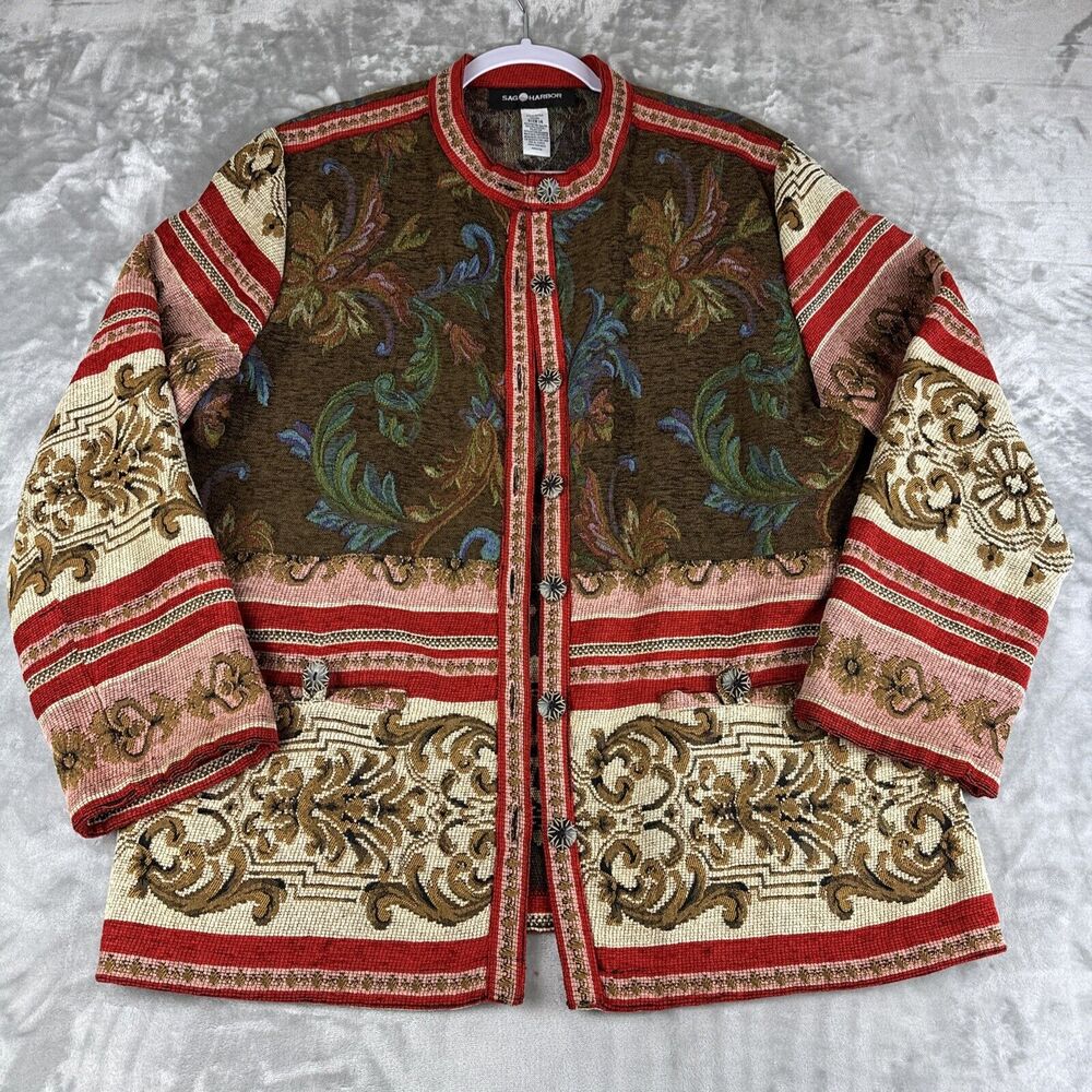 Vintage Sag Harbor Tapestry Jacket Women's 14 Red‎ Brown Pattern Detailed (1013)